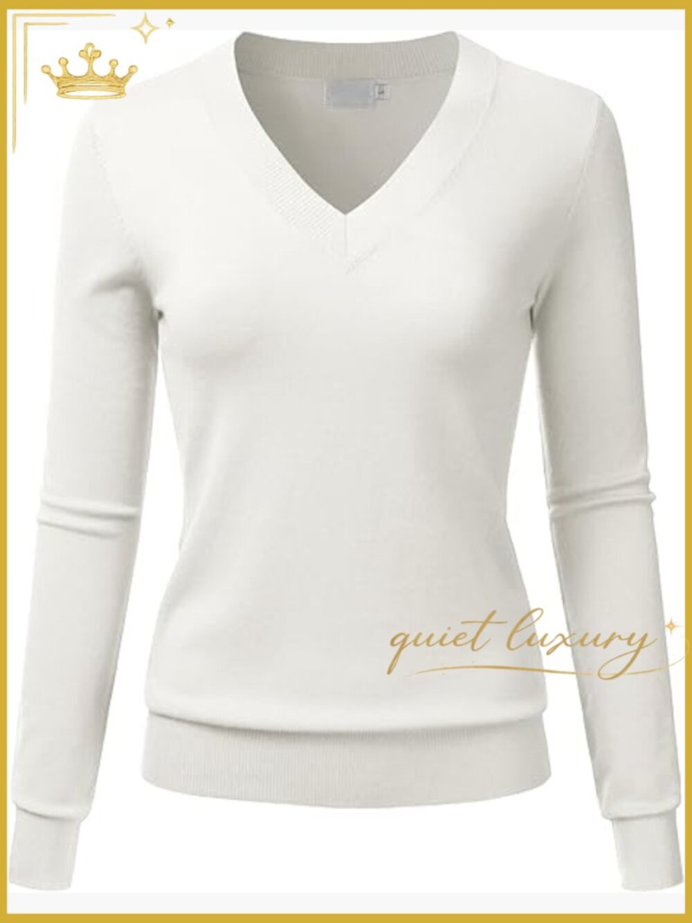 V-Neck Long Sleeve Soft Stretch Pullover Knit Top Sweater